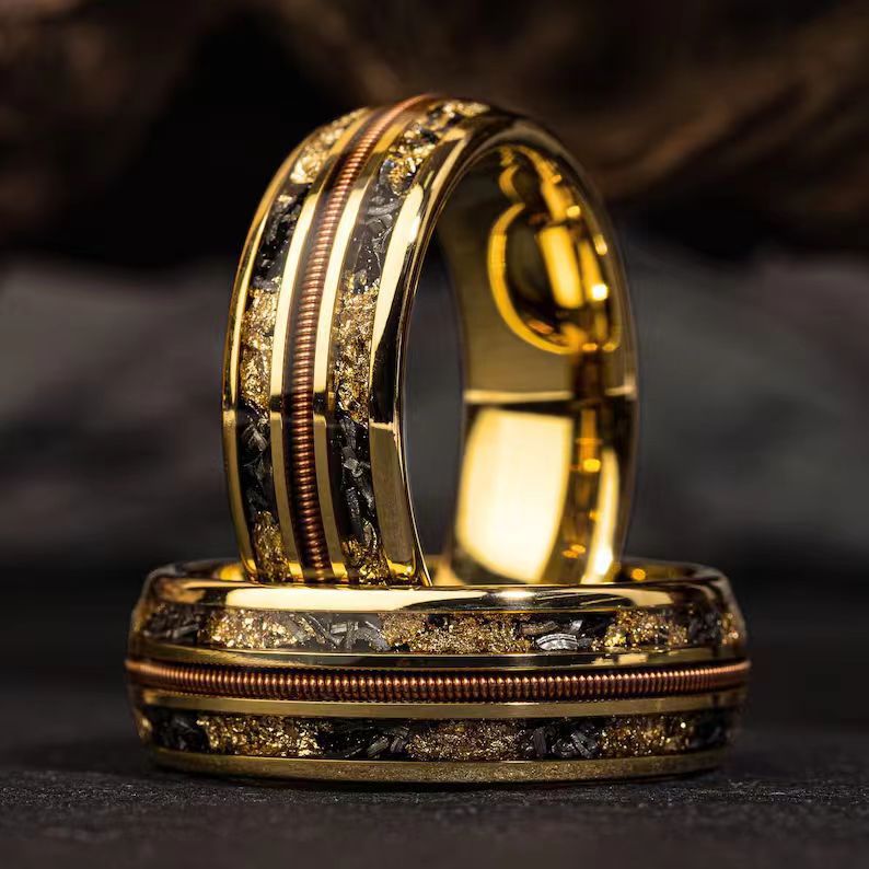 Aero Man Wood Grain & Amber Inlay Ring | Three-Groove Stainless Steel Band