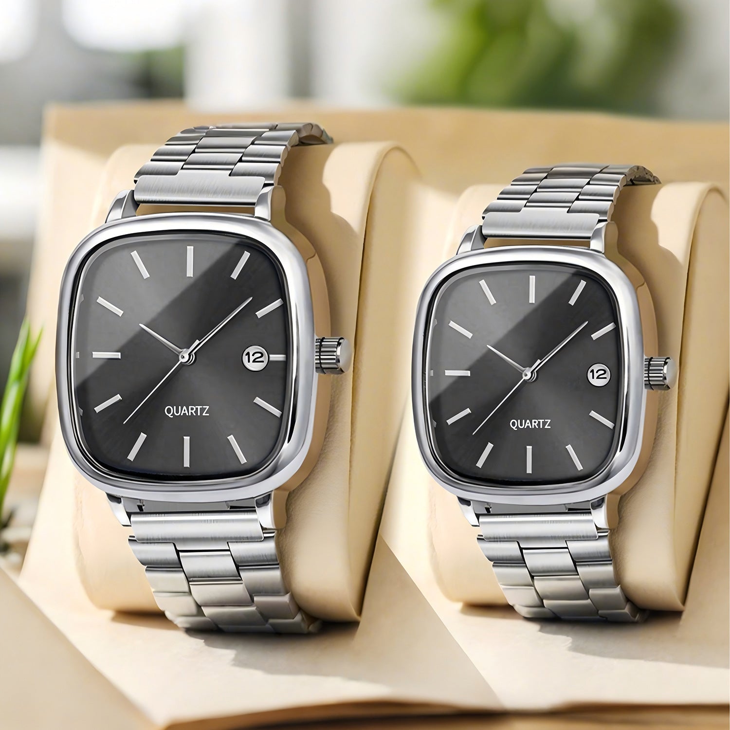 Square Quartz Watch with Stainless Steel Band