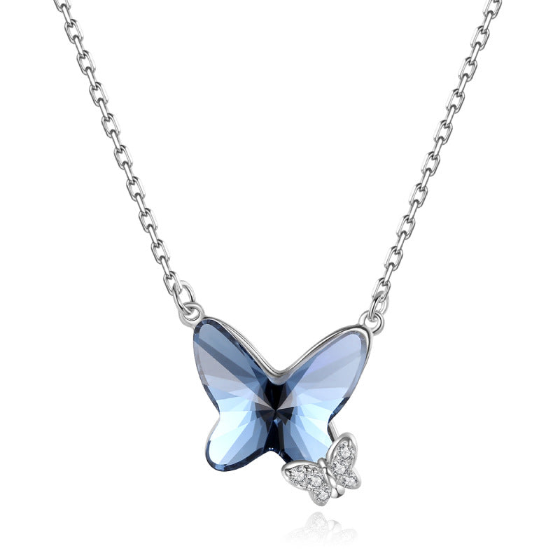 Sapphire Blue Crystal Butterfly Necklace 925 Sterling Silver Cubic Zirconia Pendant