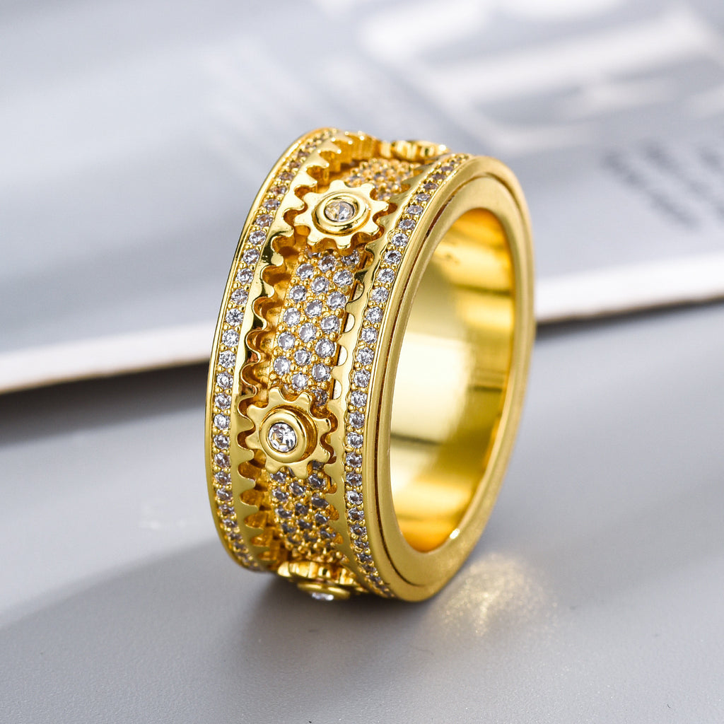 Aero Mod Kinetic Rotating Gear Ring | Celestial Micro-Inlaid Spinner Band