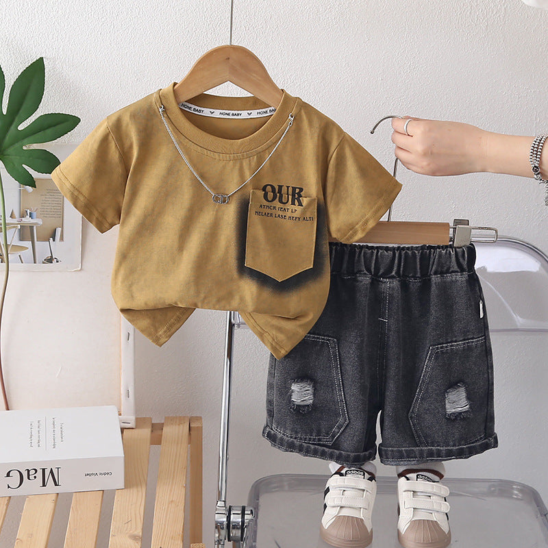 Toddler & Boys Letter Print 2-Piece Summer Clothes Set - Soft Cotton Short Sleeve Shirt & Shorts Matching Casual Outfit (Sizes 12M - 6T)