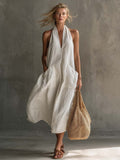 Vintage V-Neck A-Line Dress with Pockets