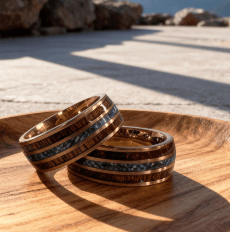 Aero Man Wood Grain & Amber Inlay Ring | Three-Groove Stainless Steel Band