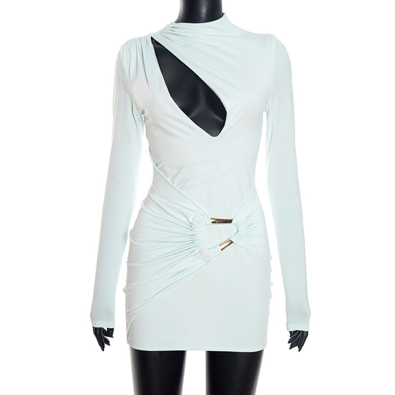 Elegant Cut Out Pleated Long Sleeve Dress