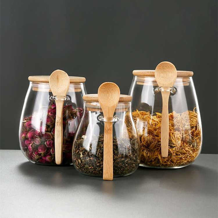 Glass Sealed Storage Jar with Spoon for Grains and Tea