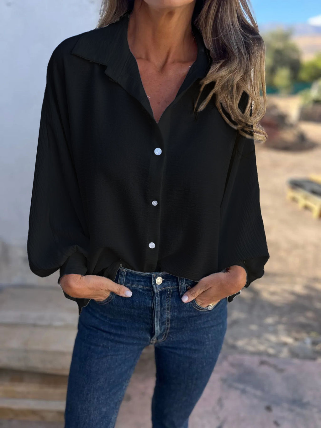 Women's Lapel Button Front Long Sleeve Shirt