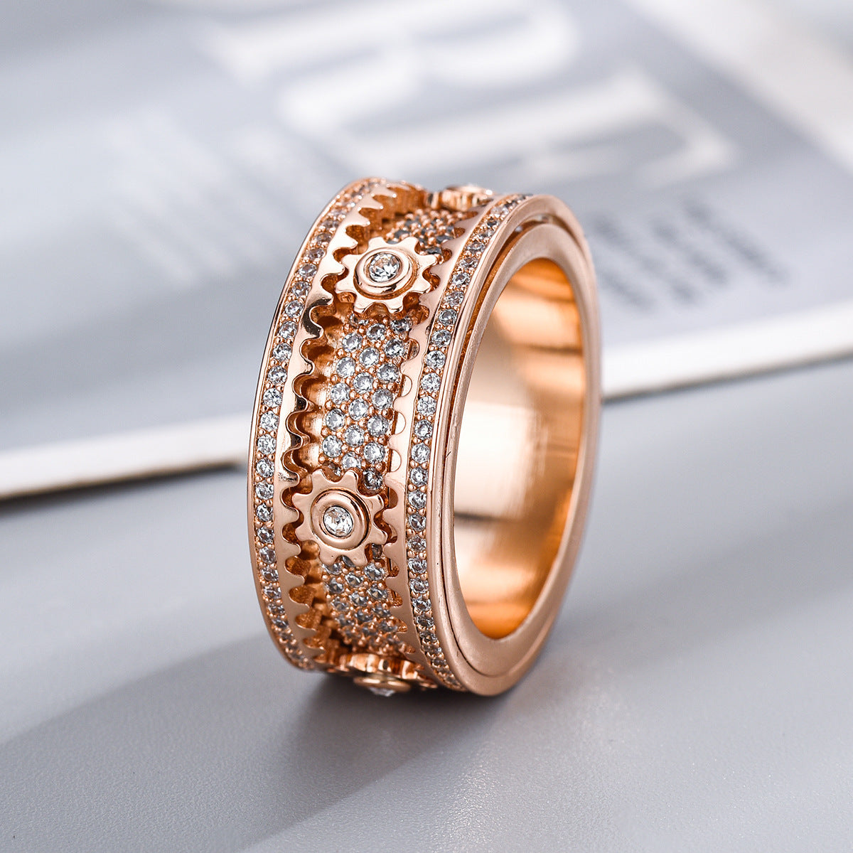 Aero Mod Kinetic Rotating Gear Ring | Celestial Micro-Inlaid Spinner Band