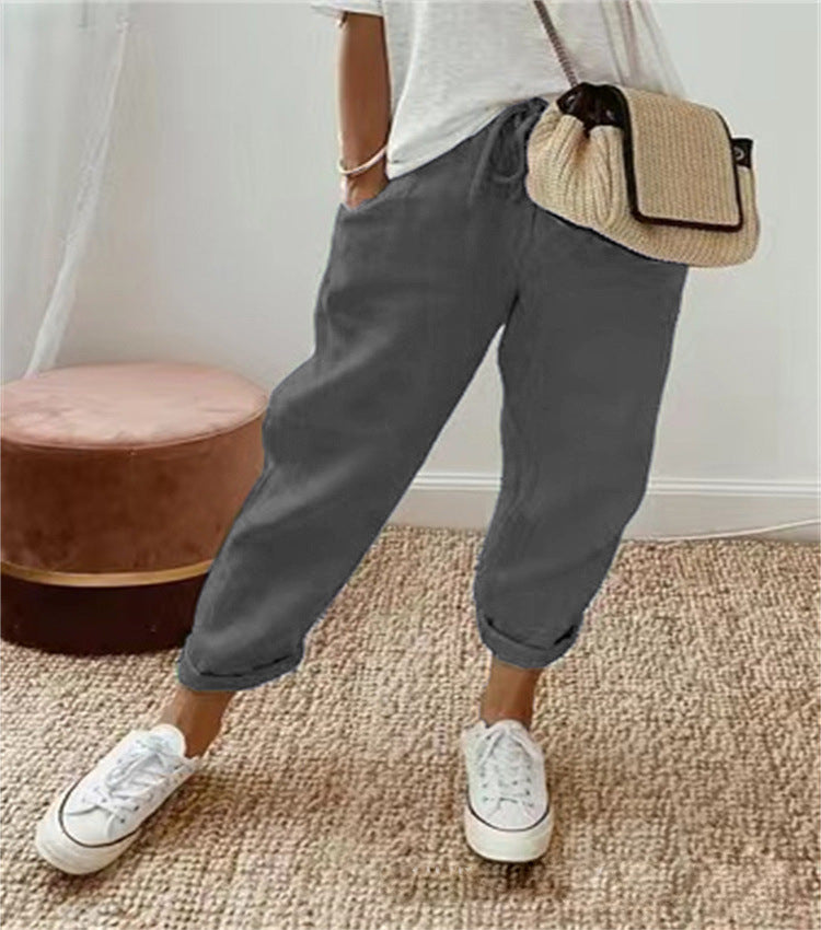 Womens Linen Blend Elastic Waist Casual Pants