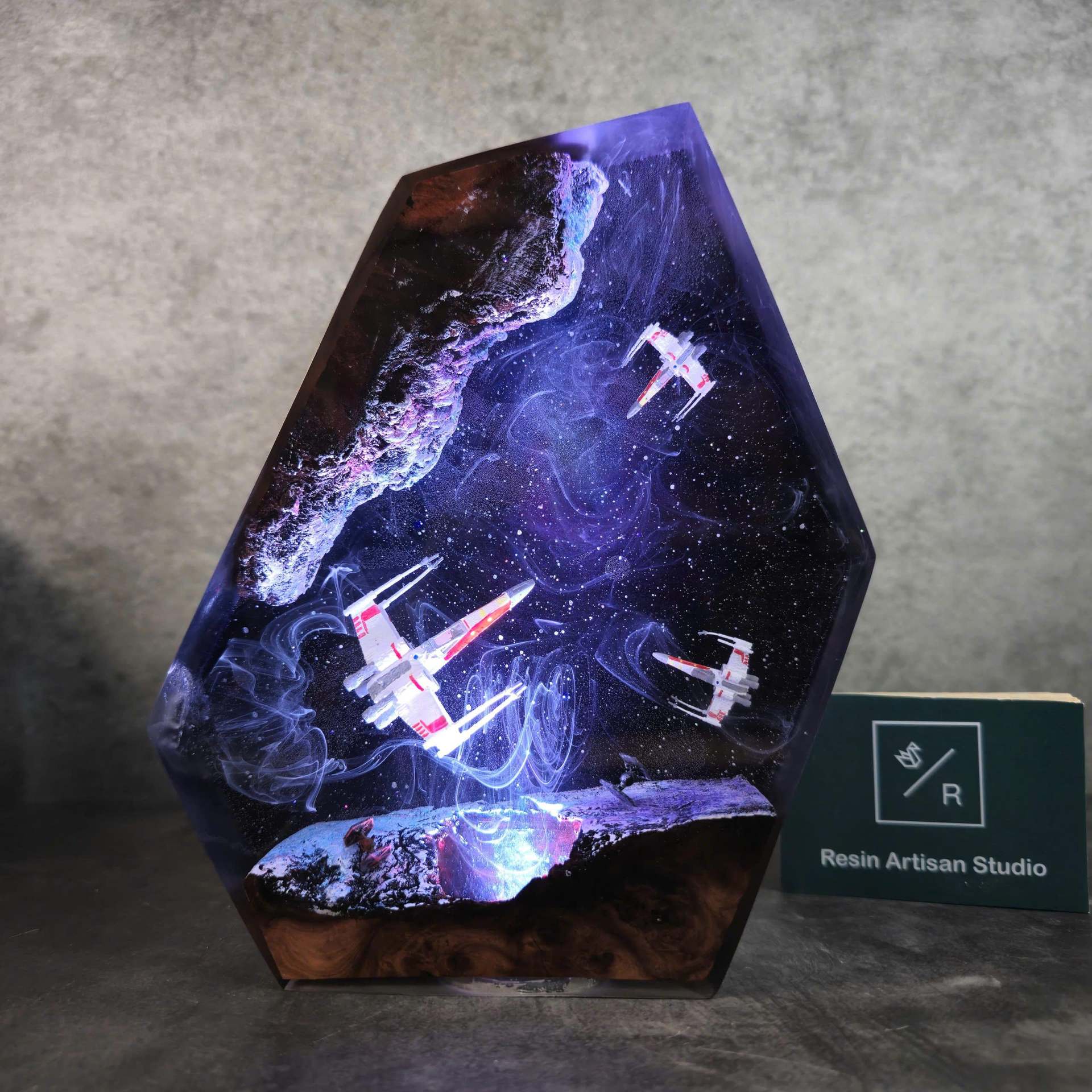 Handcrafted Artisan Galaxy Resin & Starship Diorama Lamp – Cosmic LED Ambient Night Light with Polished Resin Art & Multiple Size Options