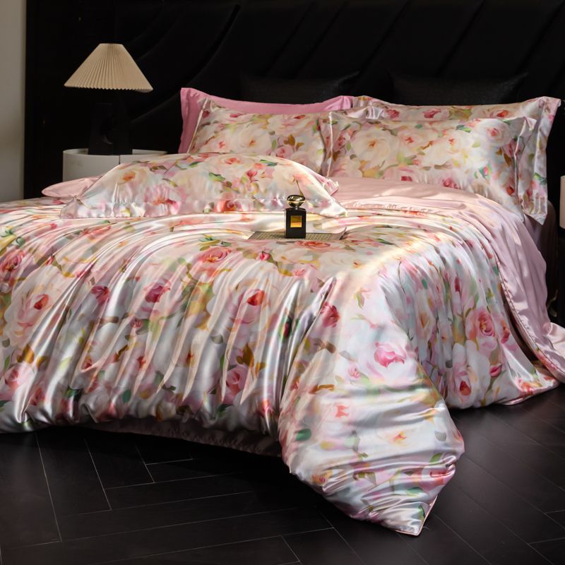 Heavy Weightweight 40mm Printed Silk Four-Piece Set Double-Sided Mulberry Silk Ice Silk Quilt Cover Naked Sleeping Fitted Bed Sheets Bedding