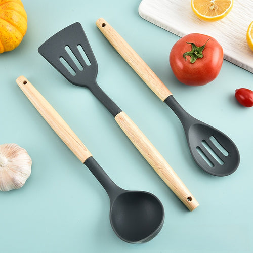 12-Piece Silicone Cooking Utensils Set with Holder - Non-Stick Heat-Resistant Kitchen Tools Kit with Natural Wooden Handles for Cooking & Baking