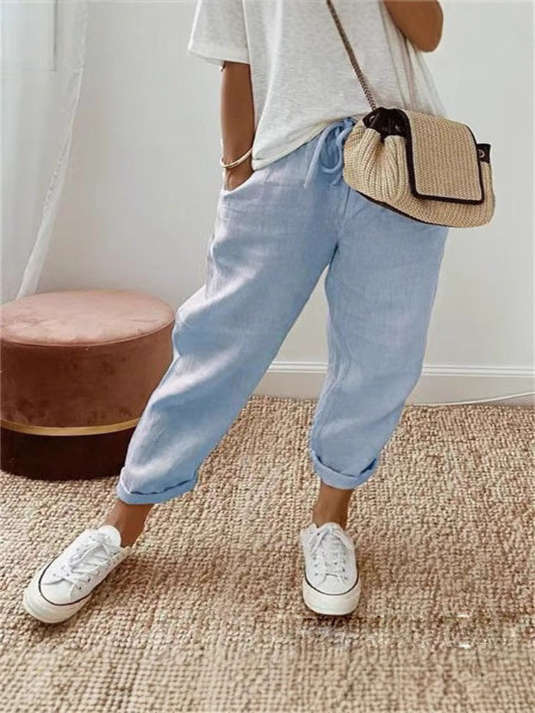 Womens Linen Blend Elastic Waist Casual Pants