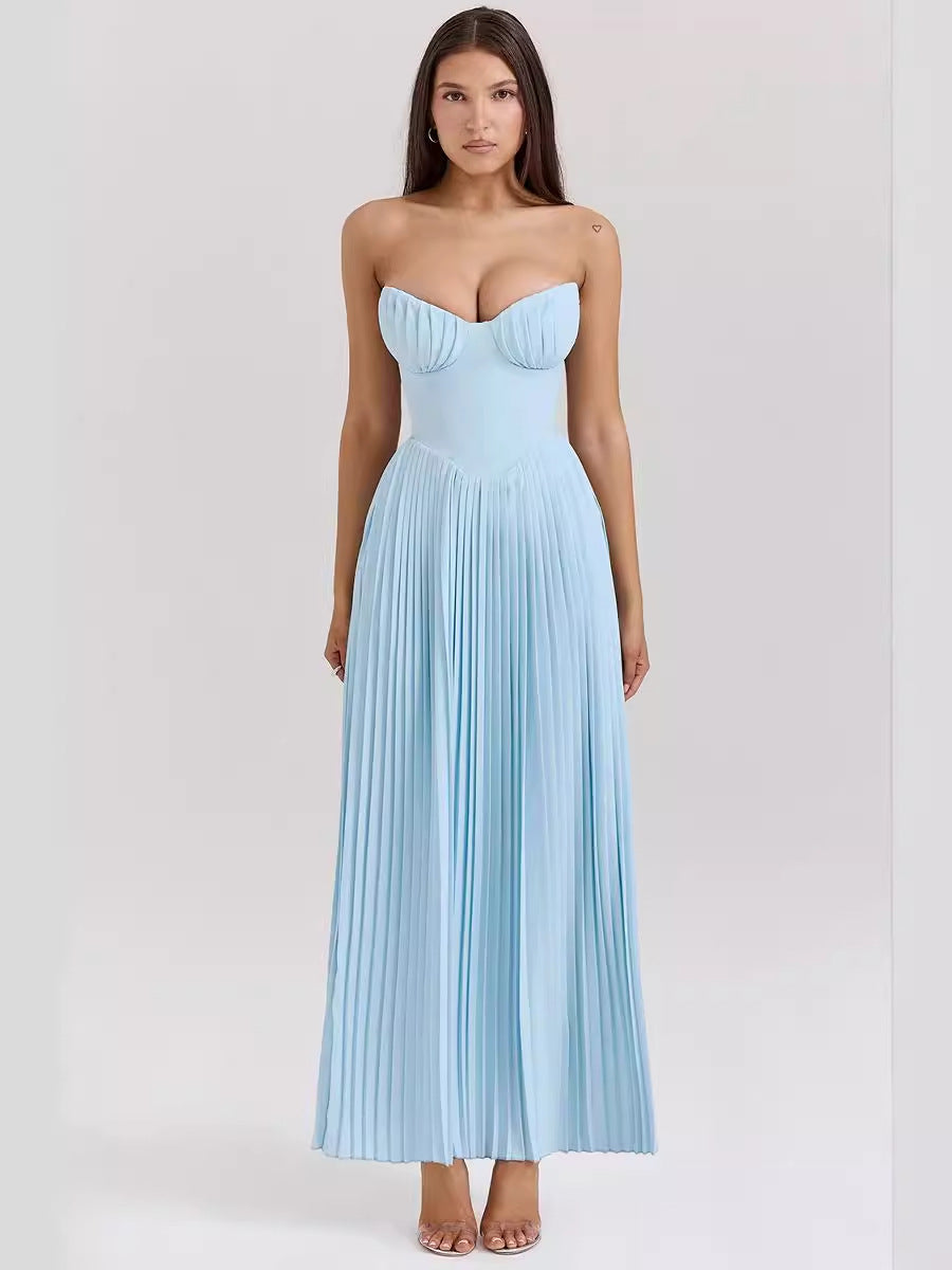 Aura Elegant Sleeveless Tube Top Maxi Dress - High Waist Pleated Summer Dress