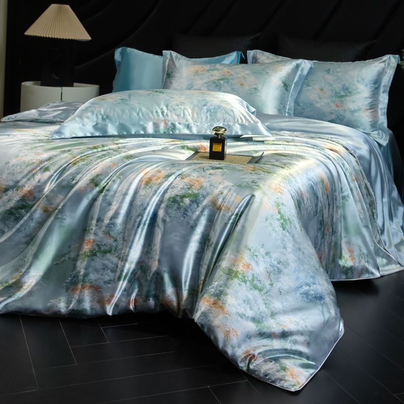 Heavy Weightweight 40mm Printed Silk Four-Piece Set Double-Sided Mulberry Silk Ice Silk Quilt Cover Naked Sleeping Fitted Bed Sheets Bedding