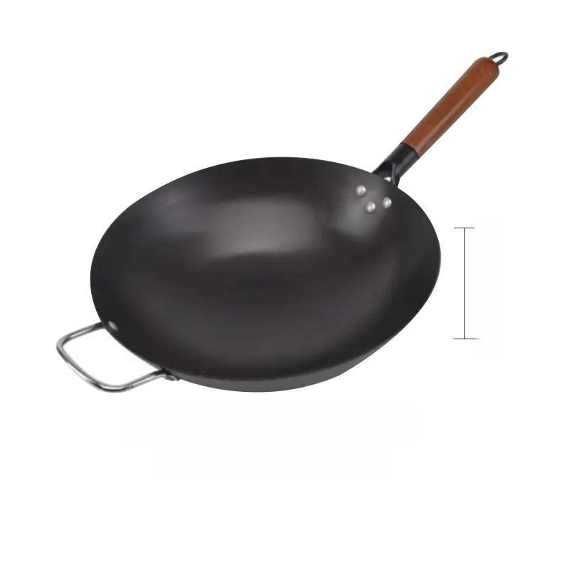 Deep Nitrided Iron Wok with Wooden Handle | Uncoated Rust-Resistant Non-Stick Stir-Fry Pan | Heavy 3kg Round-Bottom Cookware