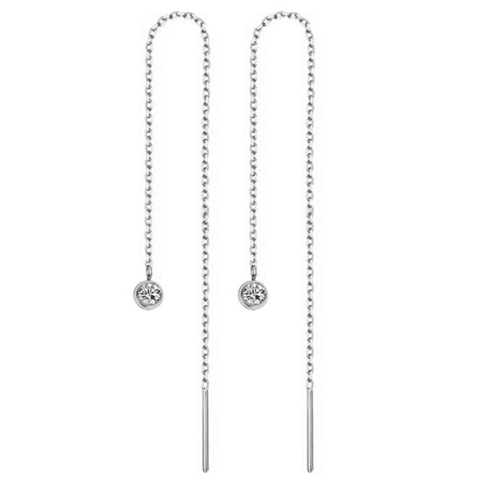 Stainless Steel Long Threader Earrings - Minimalist Star & Crystal Tassel Drop Jewelry