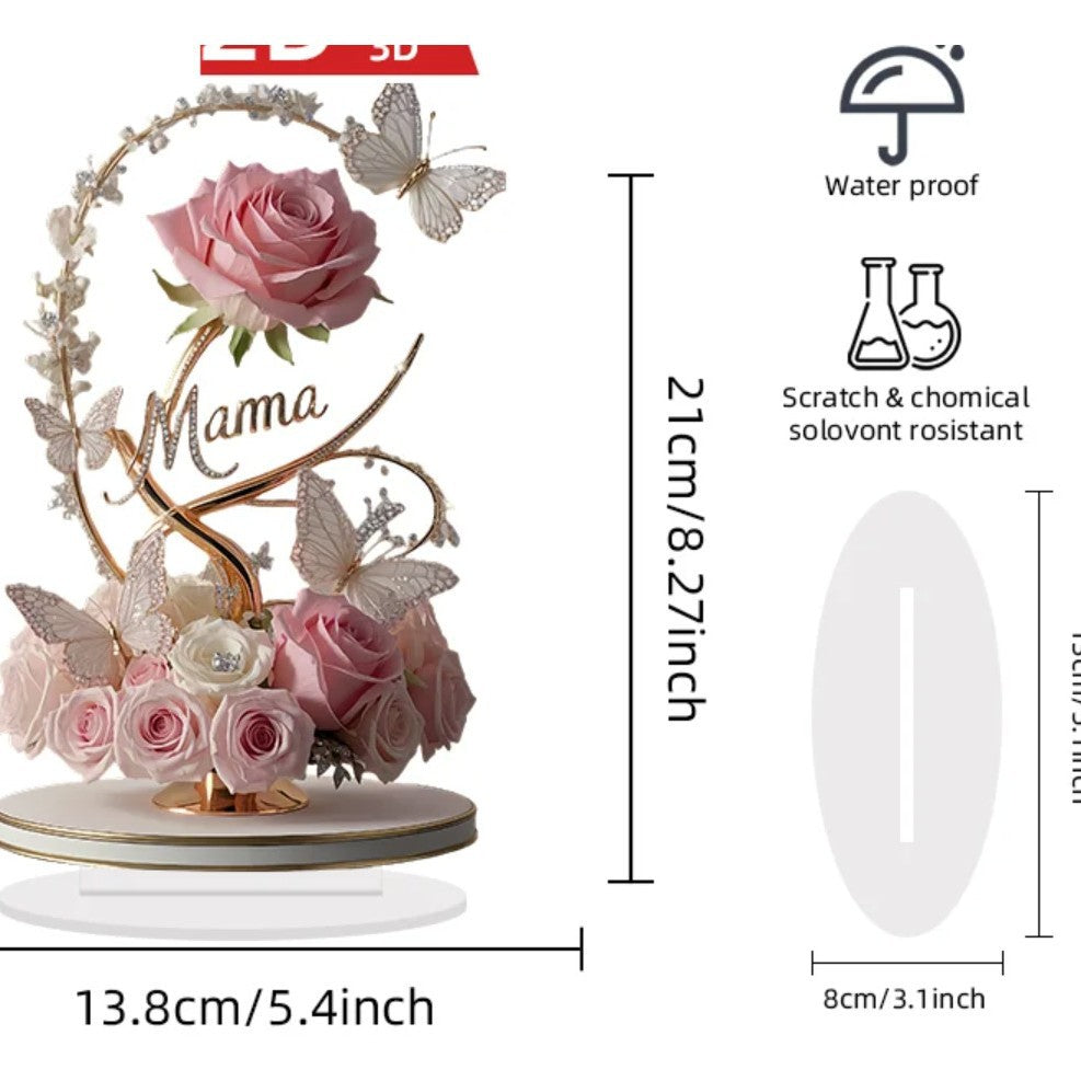 Elegant 2D Acrylic Rose Dest Ornament | Sleek Flat-Design Floral Keepsake