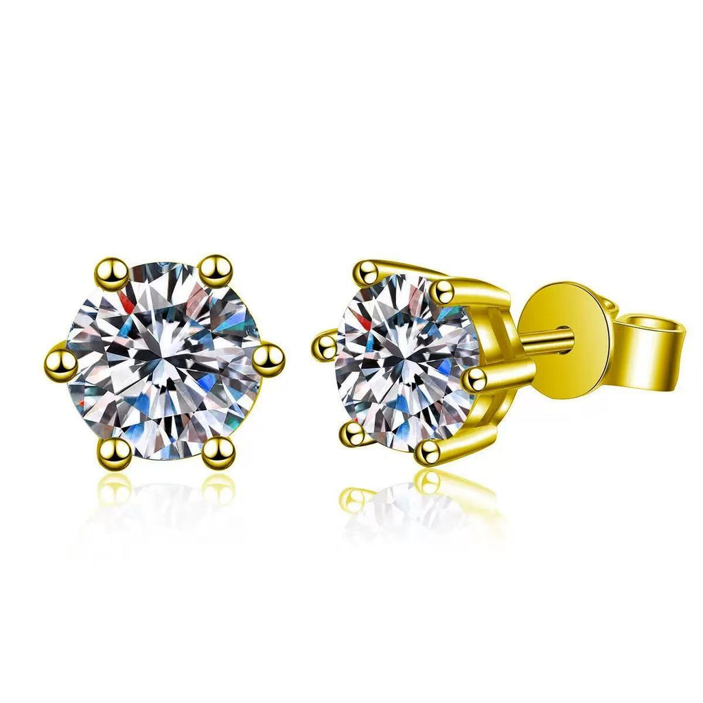 Luxury Six-Prong Zircon Stud Earrings – Precision-Cut Imitation Moissanite with Polished Gold & White Gold Electroplated Finish