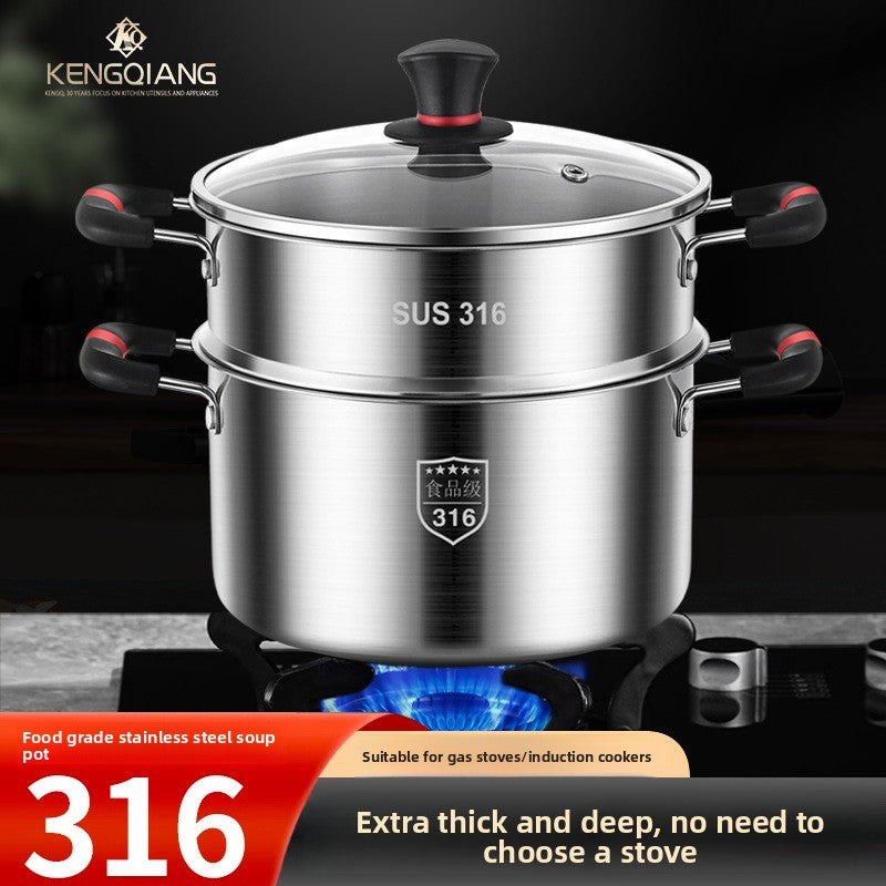 Premium 316 Stainless Steel Stock Pot With Glass Lid | Induction & Gas Compatible Deep Soup Cooker | Thickened Multi-Size Cooking Pot