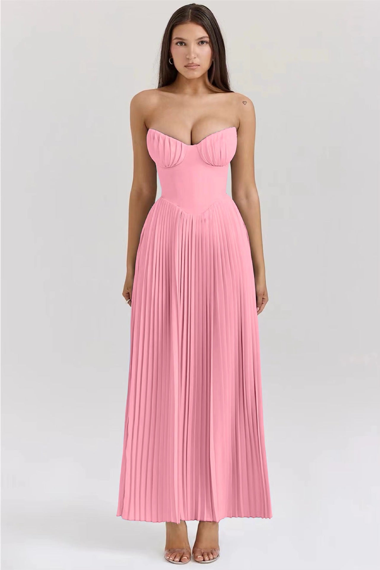 Aura Elegant Sleeveless Tube Top Maxi Dress - High Waist Pleated Summer Dress