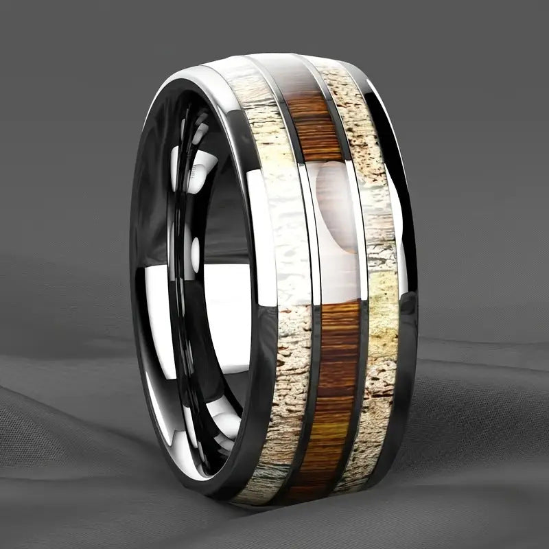 Aero Man Wood Grain & Amber Inlay Ring | Three-Groove Stainless Steel Band