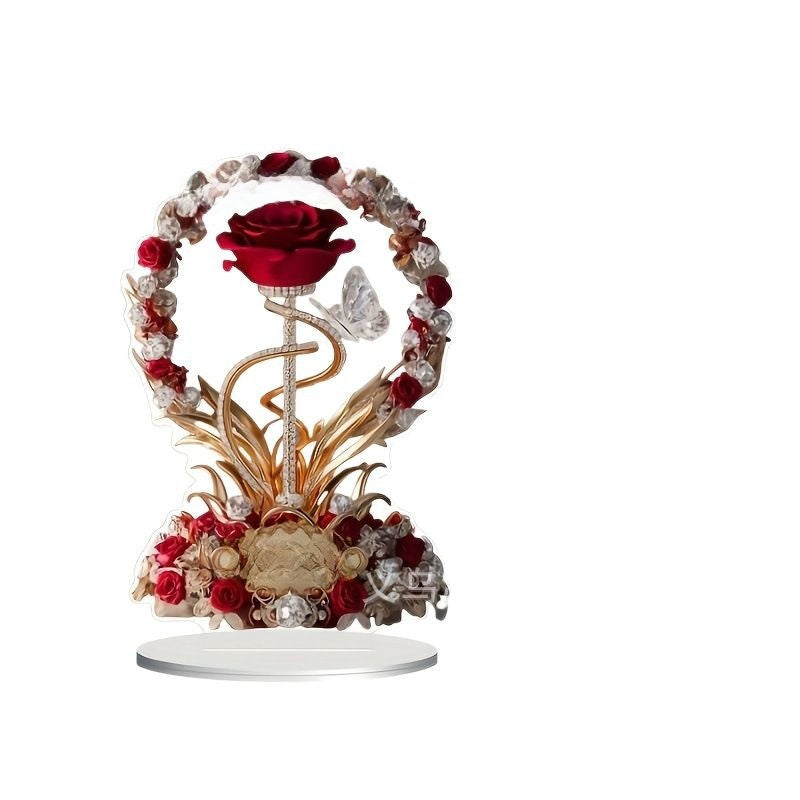 Elegant 2D Acrylic Rose Dest Ornament | Sleek Flat-Design Floral Keepsake