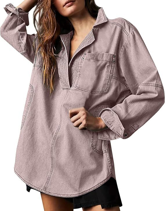 Sutton Oversized Denim Pullover Shacket- Loose Fit V-Neck Jean Shirt