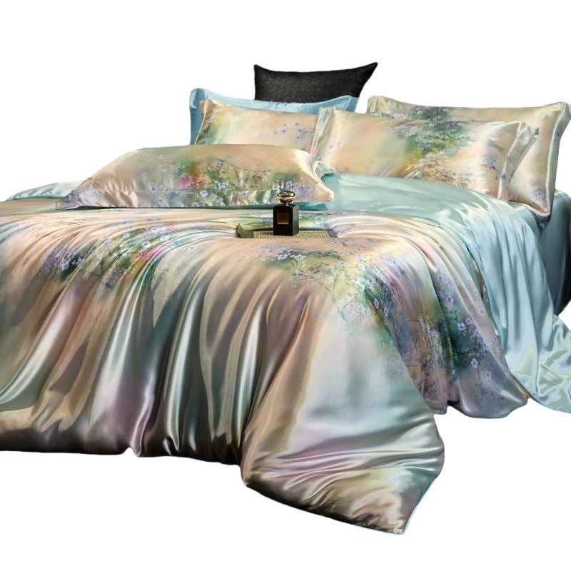 Heavy Weightweight 40mm Printed Silk Four-Piece Set Double-Sided Mulberry Silk Ice Silk Quilt Cover Naked Sleeping Fitted Bed Sheets Bedding