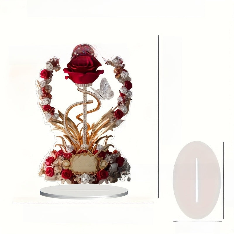 Elegant 2D Acrylic Rose Dest Ornament | Sleek Flat-Design Floral Keepsake