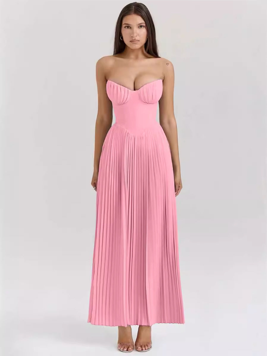 Aura Elegant Sleeveless Tube Top Maxi Dress - High Waist Pleated Summer Dress