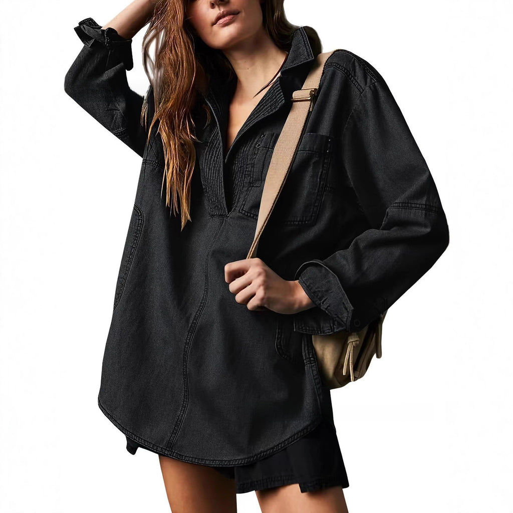 Sutton Oversized Denim Pullover Shacket- Loose Fit V-Neck Jean Shirt