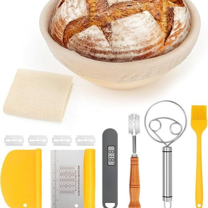 Artisan Sourdough Bread Proofing Basket Set - Natural Rattan Banneton Basket Kit with Dough Whisk, Scoring Lame, Bench Scraper & Liners (Round/Oval)