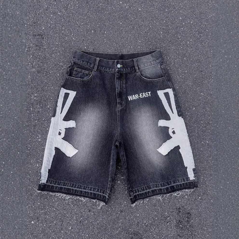 Retro Washed Denim Hip-Hop Shorts