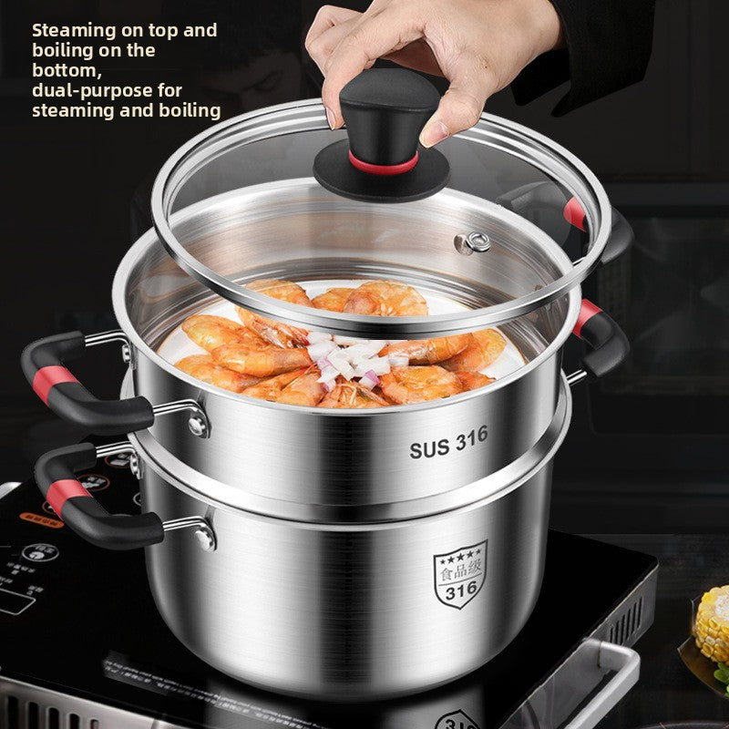 Premium 316 Stainless Steel Stock Pot With Glass Lid | Induction & Gas Compatible Deep Soup Cooker | Thickened Multi-Size Cooking Pot
