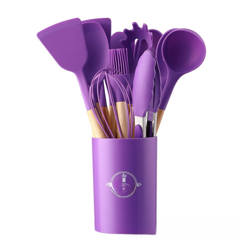 12-Piece Silicone Cooking Utensils Set with Holder - Non-Stick Heat-Resistant Kitchen Tools Kit with Natural Wooden Handles for Cooking & Baking