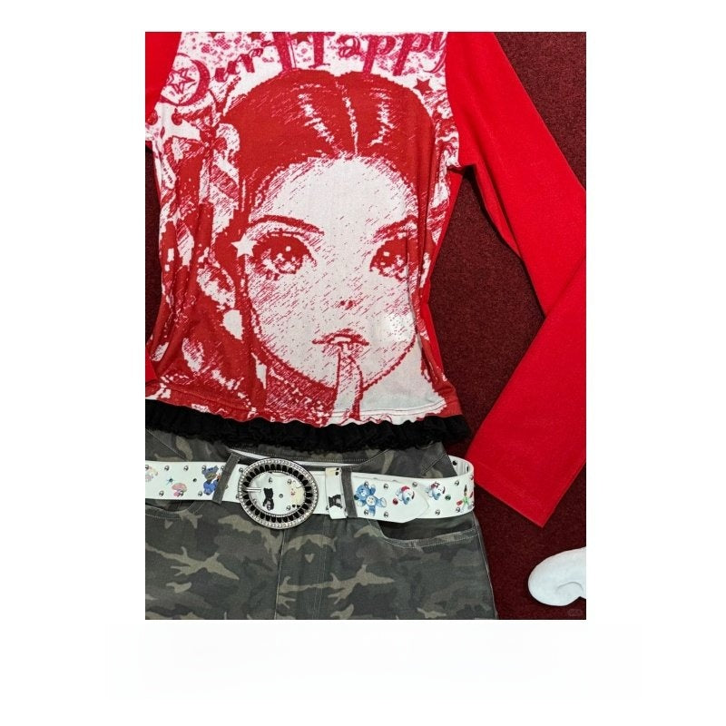 Anime Print Punk Ruffle Long Sleeve T-Shirt