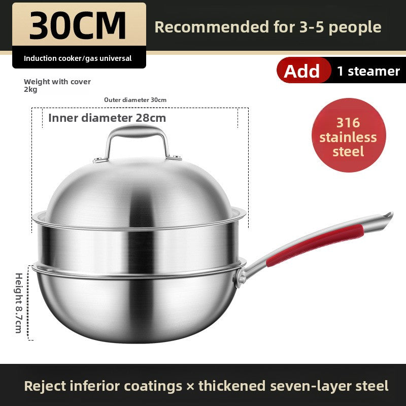 Premiun 316 Stainless Steel Cooking Wok | Multi-Layer Composite Base Stir-Fry Pan | Heavy-Duty 2kg Food-Grade Woke with Steamer Capability