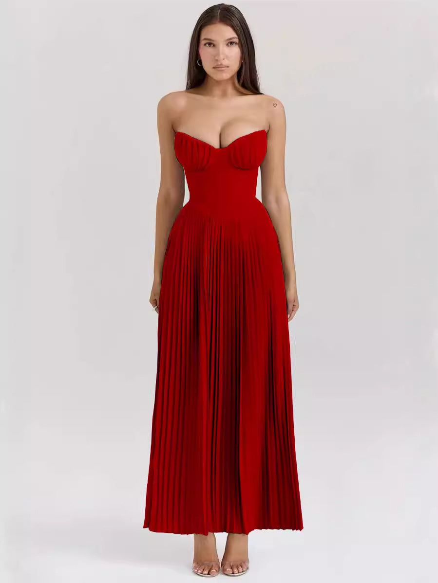 Aura Elegant Sleeveless Tube Top Maxi Dress - High Waist Pleated Summer Dress