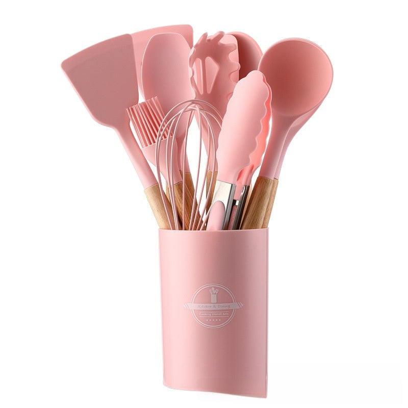 12-Piece Silicone Cooking Utensils Set with Holder - Non-Stick Heat-Resistant Kitchen Tools Kit with Natural Wooden Handles for Cooking & Baking