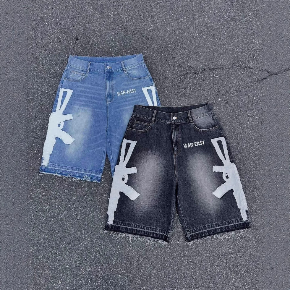 Retro Washed Denim Hip-Hop Shorts