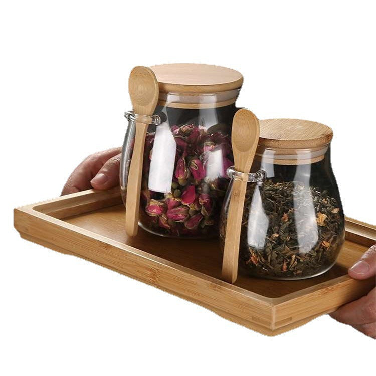 Glass Sealed Storage Jar with Spoon for Grains and Tea