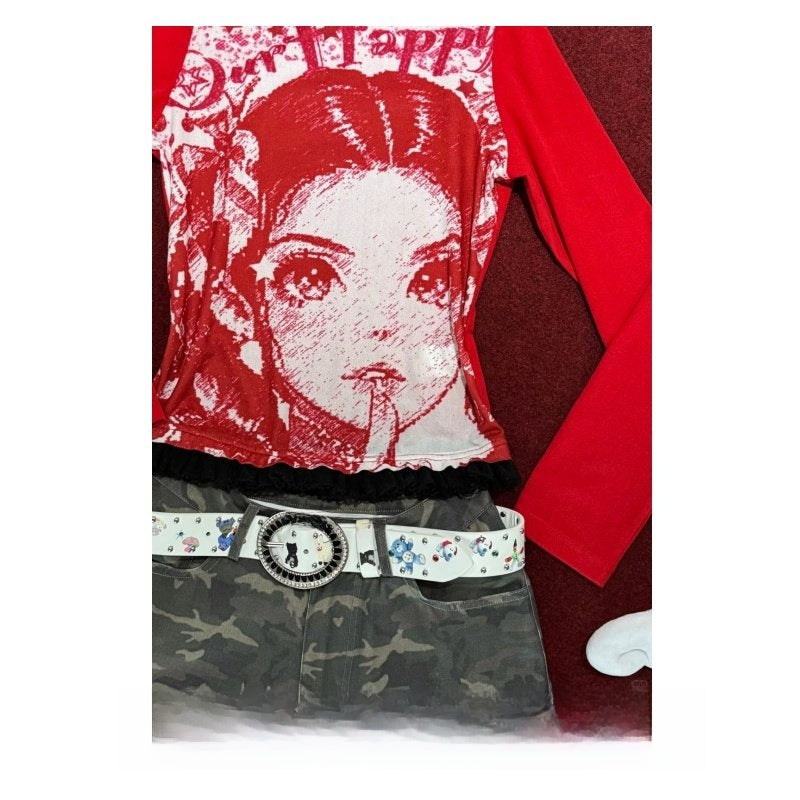 Anime Print Punk Ruffle Long Sleeve T-Shirt