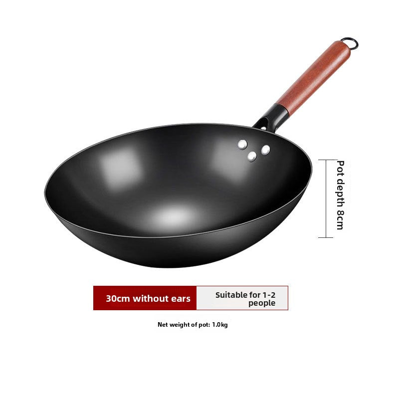 Deep Nitrided Iron Wok with Wooden Handle | Uncoated Rust-Resistant Non-Stick Stir-Fry Pan | Heavy 3kg Round-Bottom Cookware