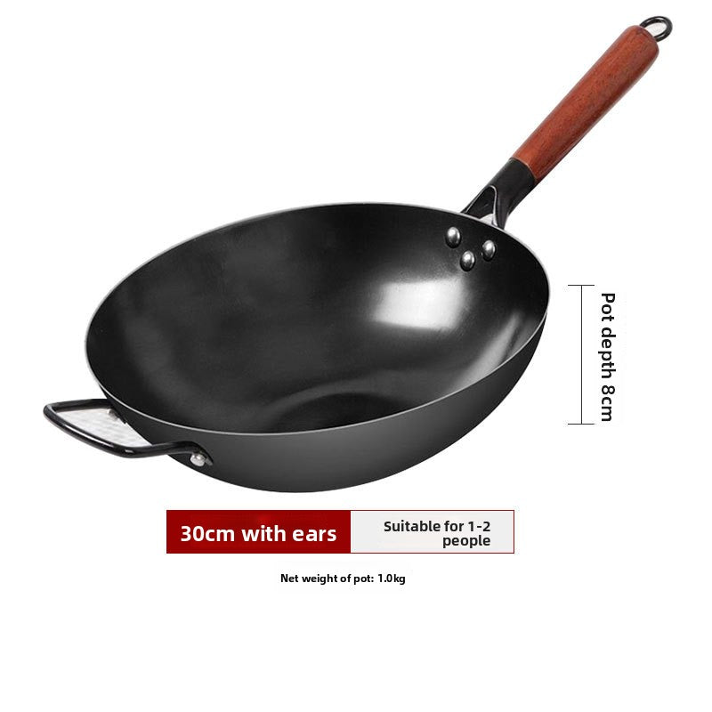 Deep Nitrided Iron Wok with Wooden Handle | Uncoated Rust-Resistant Non-Stick Stir-Fry Pan | Heavy 3kg Round-Bottom Cookware
