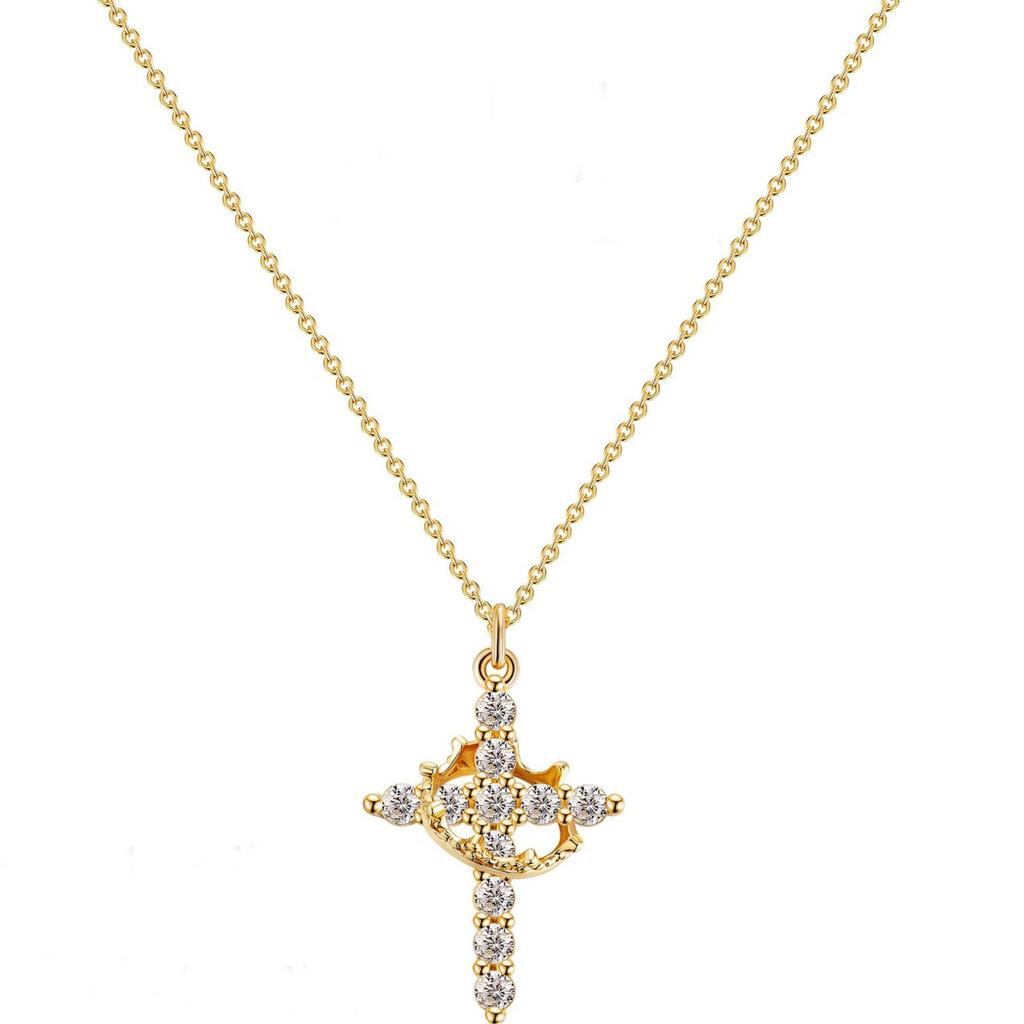 Aethelgard Rotating Cross & Crown Pavé Pendant Necklace | 18k Gold & Sterling Finish Luxury Jewelry