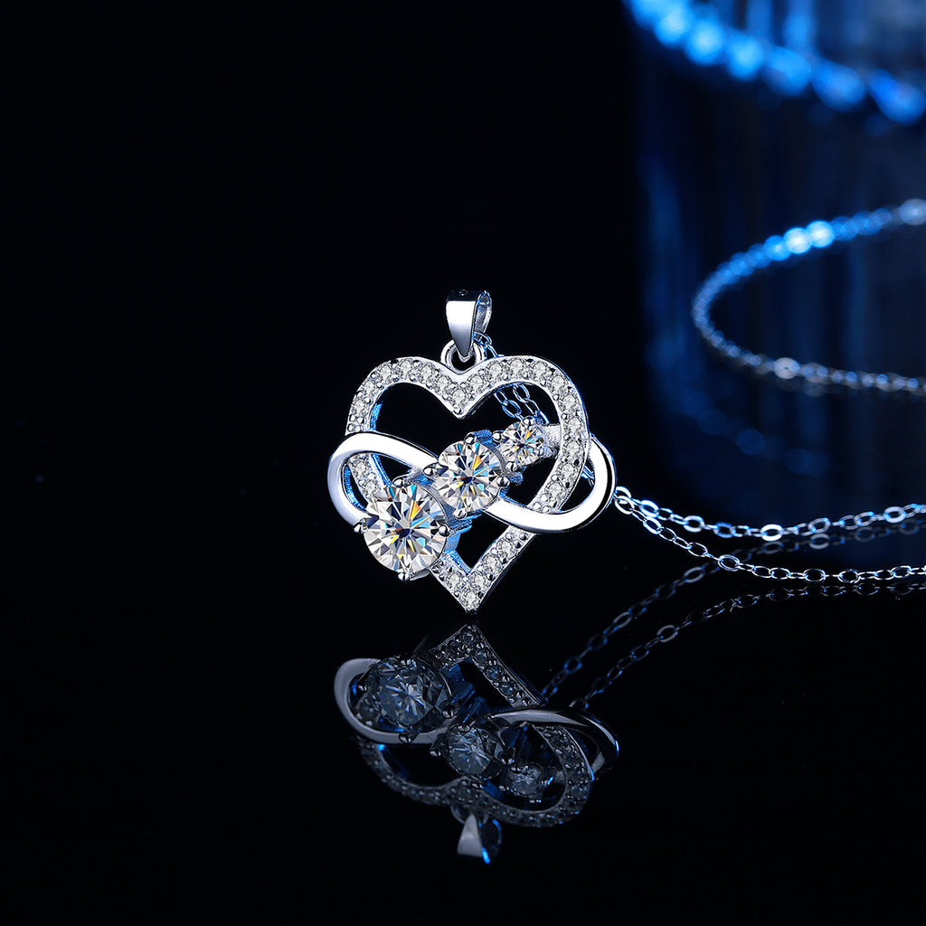 Infinity Heart Moissanite Pendant Necklace – S925 Sterling Silver, 1.6 Carat Gift for Her