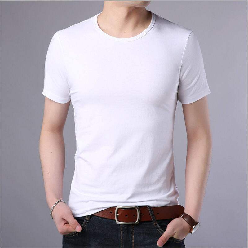 95 Cotton 5 Spandex high quality Short-sleeved T-shirt Men's Summer New Arrival Men's Round Neck Korean Style Slim-fit Slim-fit Top White