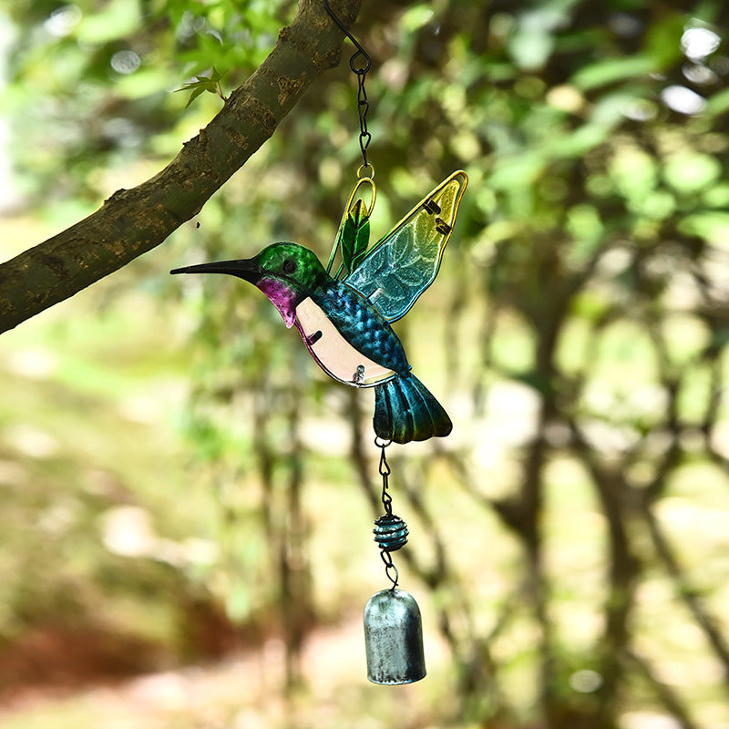 Handcrafted Stained Glass & Metal Wind Chimes - Hummingbird & Dragonfly Garden Decor