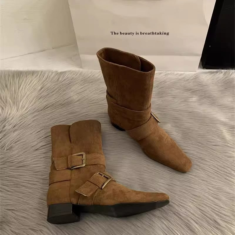 Retro Suede Square Toe Mid Calf Boots
