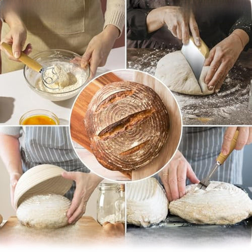 Artisan Sourdough Bread Proofing Basket Set - Natural Rattan Banneton Basket Kit with Dough Whisk, Scoring Lame, Bench Scraper & Liners (Round/Oval)